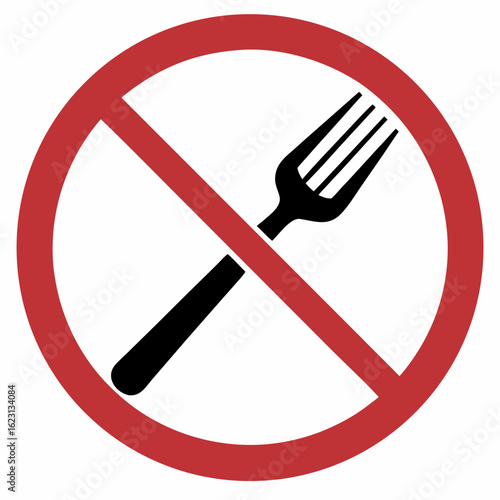 Symbolic Yom Kippur icon of no eating within red circle, Yom Kippur fast with fork in prohibited sign. No eating for religious observance, symbolic fork forbidden,