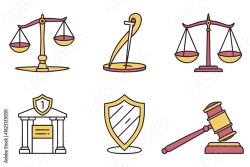 Set of legal icons including scales of justice, gavel, and courthouse isolated on white background