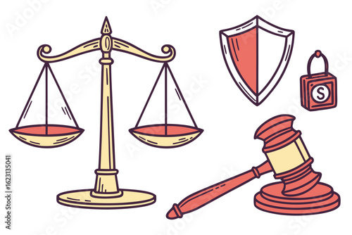 Law and justice symbols scales, gavel, shield, and lock isolated on white background