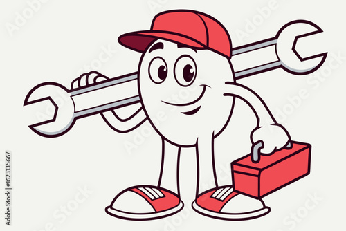 Cartoon worker in red cap carries wrench and toolbox with a smile