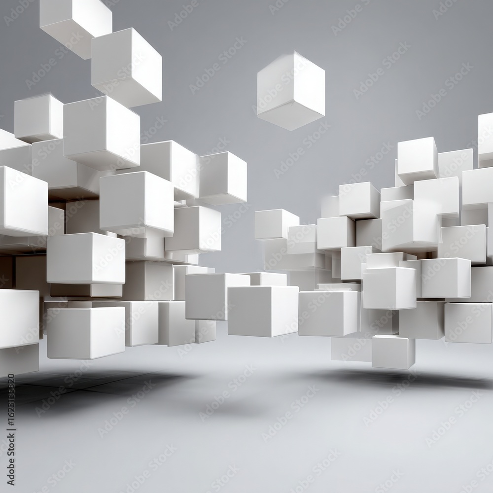 Obraz premium Floating White Cubes on Gray Background