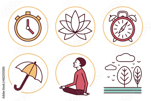 Set of icons representing time, meditation, nature, and weather elements