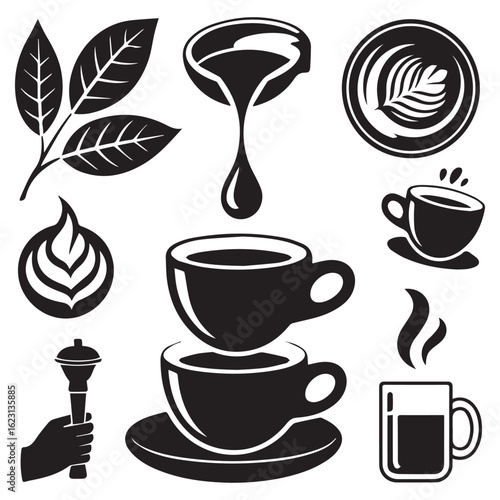 Collection of hand drawn coffee related icons featuring coffee beans leaves cups steam and espresso machine portafilter