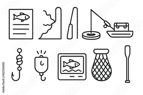 Fishing, angling line icon set. tackle, fishery equipment and tools line collection