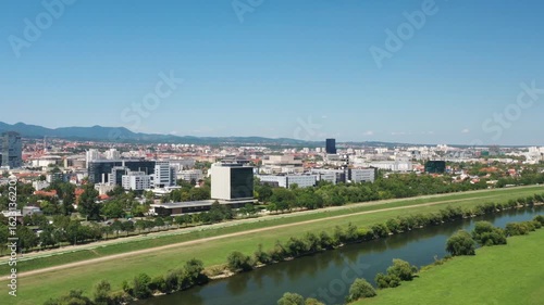 Panoramic view of the Sava river in Zagreb, Croatia, city skyline in background