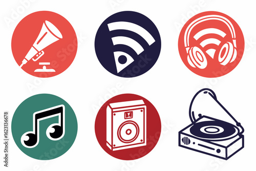 Collection of music and audio icons including gramophone, speaker, and headphones