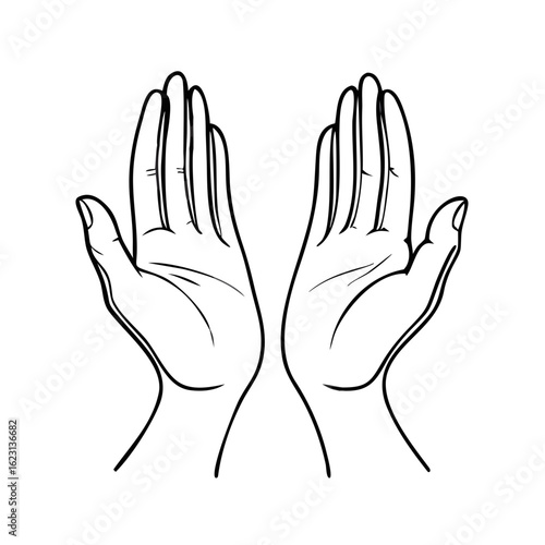 Two outstretched praying hands show supplication, religious observance. Praying hands represent devotion, seeking forgiveness and introspection during solemn holiday.