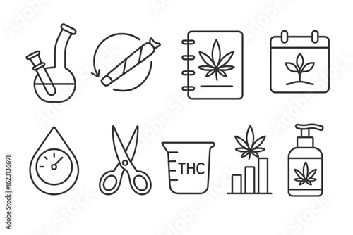 Cannabis outline icon set: marijuana, hemp, thc symbols in line style collection