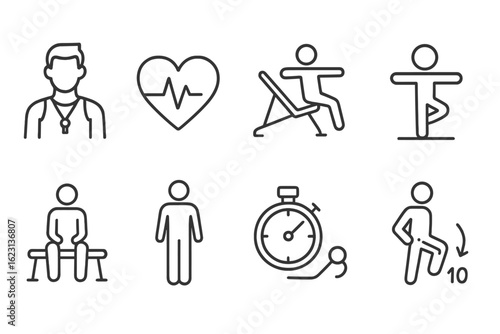 Exercise fitness linear icon set. yoga, workout, gym, training line art collection