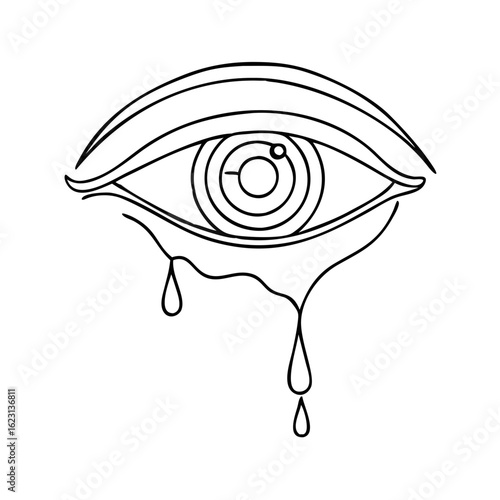 Crying eye in minimalist line drawing style on white backdrop. Crying eye illustration showing teardrops and clean line art, creating a somber mood.