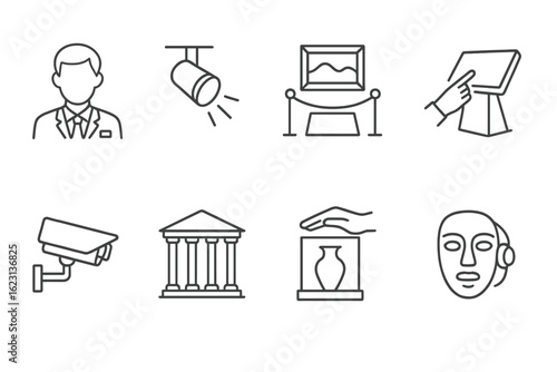 Museum and gallery icon set. artistic, cultural location icons outline style