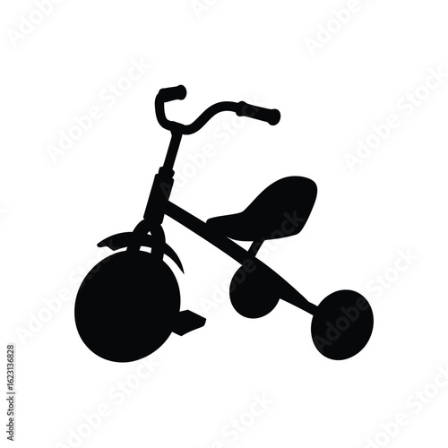 Simple black silhouette of a classic children s tricycle on a white background