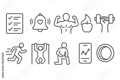 Fitness and health line icon set. exercise, wellness, gym linear collection