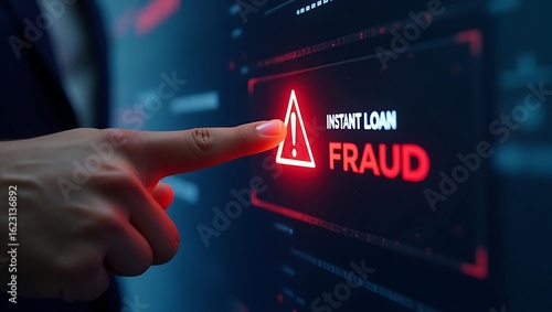 A close-up of a hand pointing at a digital screen displaying a warning about instant loan fraud.