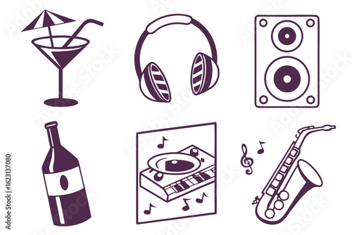 Collection of music and party icons isolated on white background