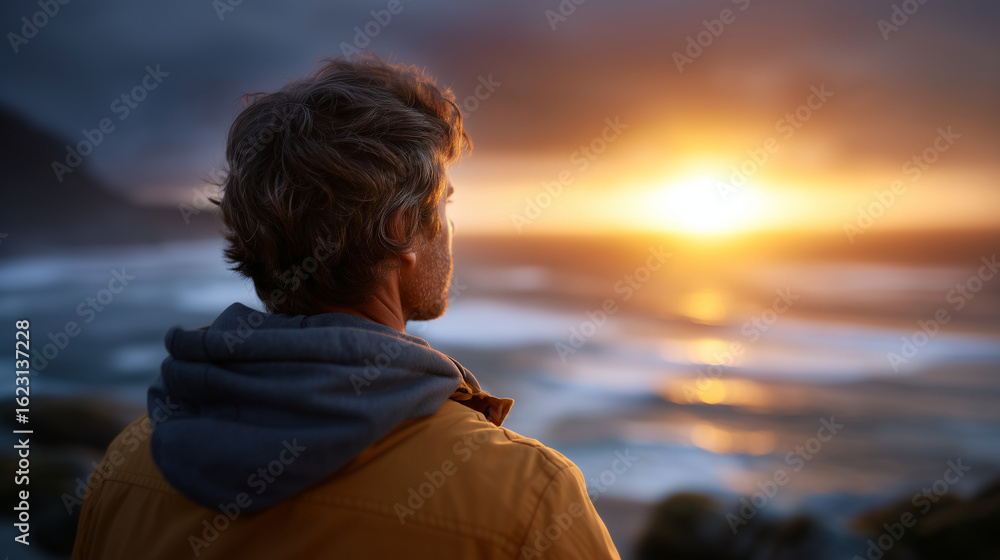 Fototapeta premium Silhouette of a person watching sunrise over the ocean, symbolizing the final stage of grief acceptance and peace, as warm light reflects a sense of healing and renewal grief journ