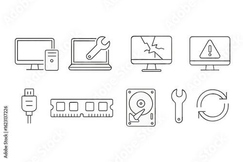 Computer repair line icon set. technology, hardware, maintenance, and tools graphics
