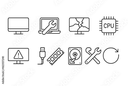Computer repair linear icon set. tools, hardware, maintenance, it support icons