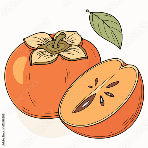Illustration of whole and halved persimmon fruit with a green leaf