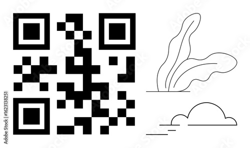 QR code alongside a simplistic line art plant and cloud. Ideal for technology, ecology, sustainability, digital tools, minimal design, innovation, modern branding. A simple flat metaphor