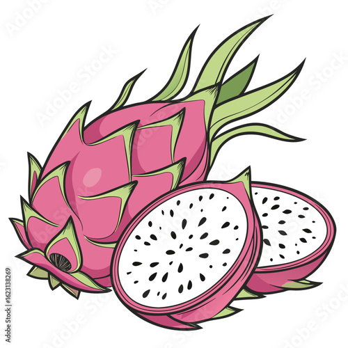 Vibrant Dragon Fruit Illustration with Halves on a White Background