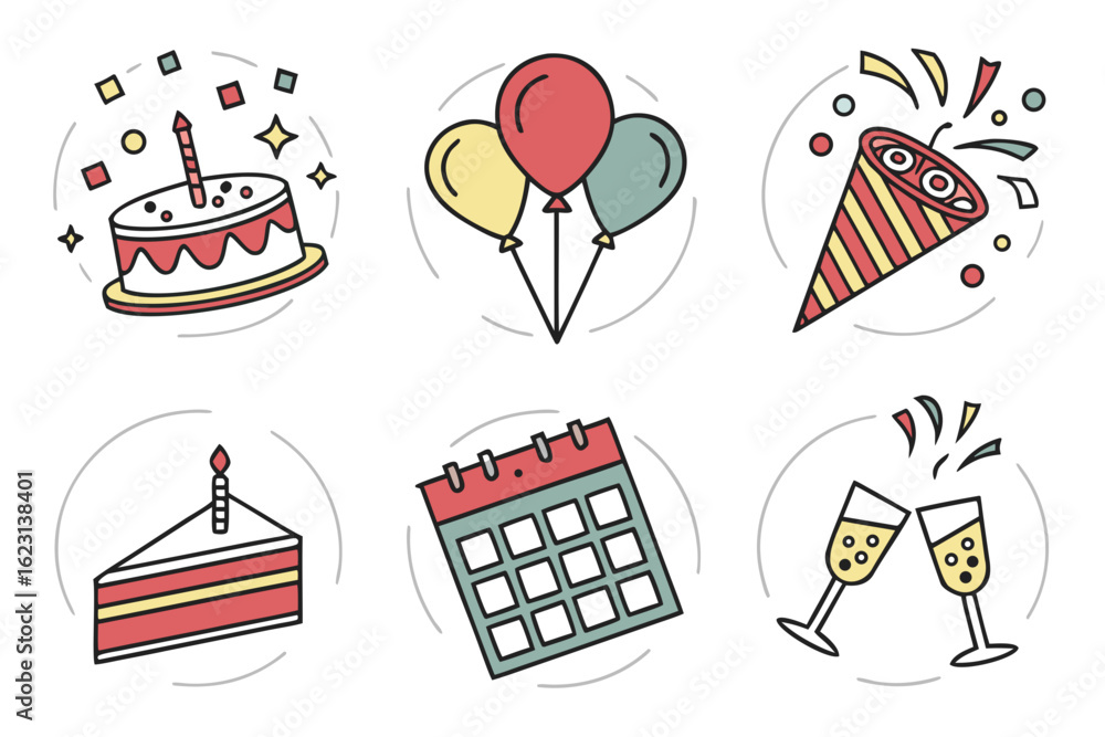 Fototapeta premium Birthday party celebration icons with cake, balloons, confetti and champagne