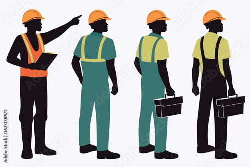 Dark silhouette of an African American foreman holding clipboard points, with workers, transparent background