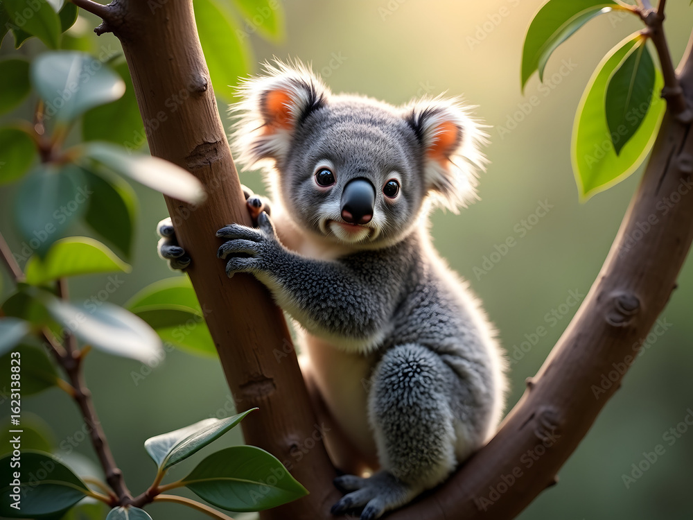 Obraz premium Enchanting portrait of an adorable baby koala with its delicate fur, gently perched on a tree branch, radiating innocence and charm