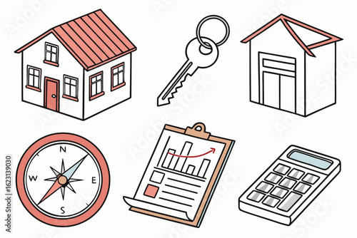 Real estate and business concept with house, key, compass, chart and calculator