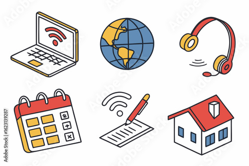 Set of icons representing communication, work, and home