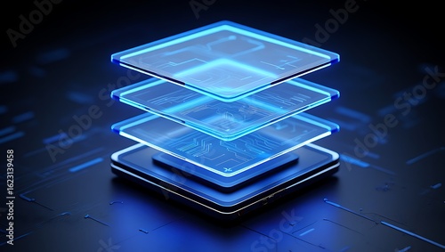 Abstract futuristic blue neon layers stacked with digital circuitry patterns on dark background