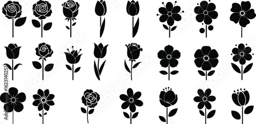 Icon Set Vector Collection featuring Elegant Floral Designs with Rose and Tulip elements Modern Minimalist Black Design