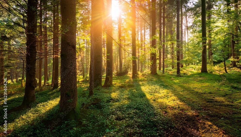 Obraz premium golden sunlight radiating through trees in a lush green forest environment