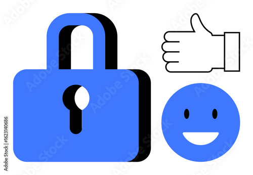 Blue lock representing security, white thumbs-up gesture for approval, and a smiling face for positivity. Ideal for privacy, encryption, user safety, trust, online tools, data security simple