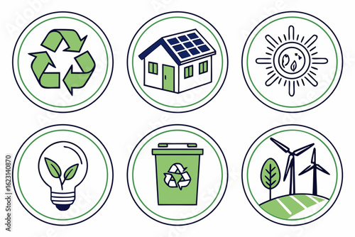 Set of ecofriendly icons for renewable energy and sustainability, isolated on white background
