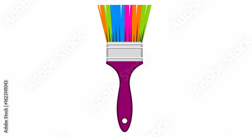 Vivid Paintbrush with Rainbow Bristles and Plum Handle, Front View