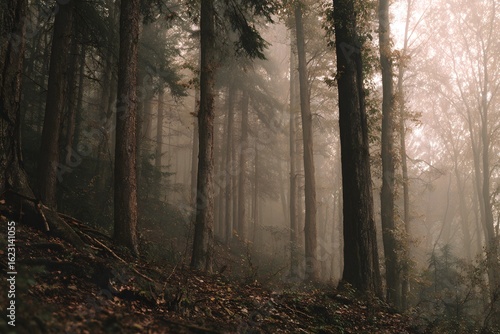 Foggy forest with tall pine trees