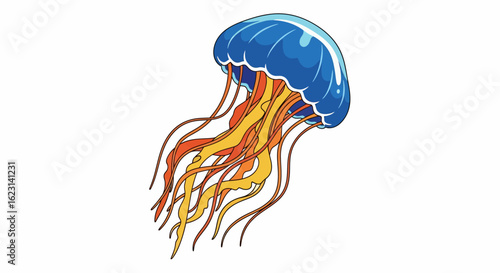 Cartoon Jellyfish with Blue Bell and Flowing Orange and Yellow Tentacles