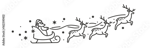 Santa claus in reindeer sled, christmas decoration icon, sleigh ride, linear vector silhouette