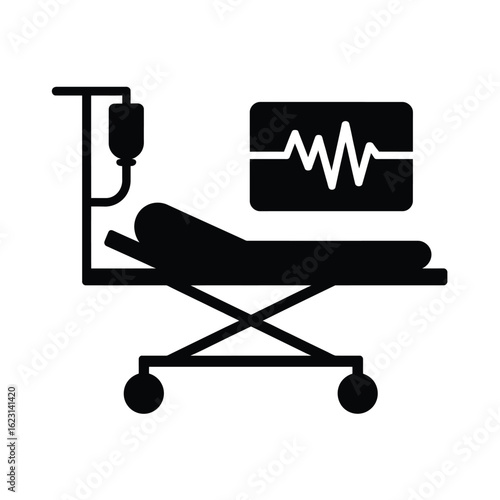 Silhouette of hospital bed with iv drip and heart monitor icon