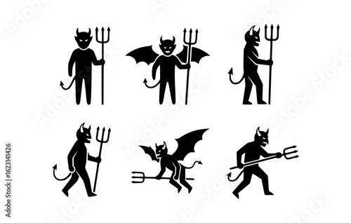 A collection of stylized devils with pitchforks in various poses. Each devil is depicted with horns and a tail, representing different actions or states