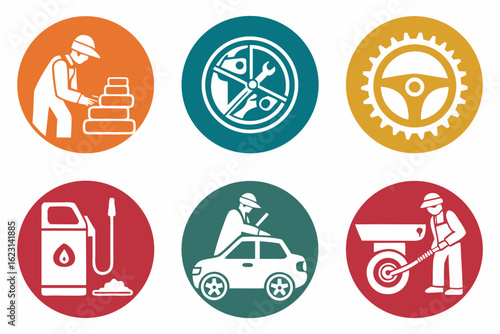 Set of six circular icons representing car repair and service