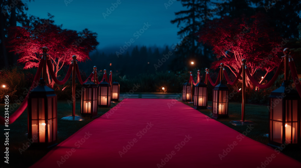 Obraz premium Elegant outdoor film premiere with a glowing movie screen, velvet ropes, decorative lanterns, and an excited audience enjoying the ambiance under the stars outdoor movie premiere,