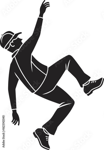 Black silhouette vector of a man slipping or falling backward, arms raised. Safety or accident clip art icon isolated on transparent background, ideal for warning signs and workplace safety.