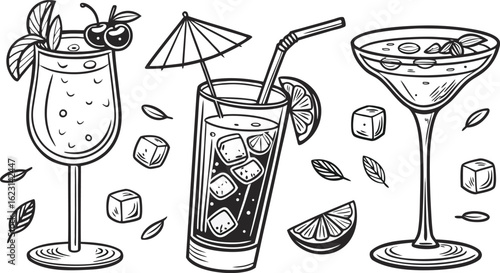 Flat vector drink is sitting in glass with ice, citrus slices, garnishes on transparent background. a detailed vintage-style vector illustration of assorted cocktail and drink glasses.