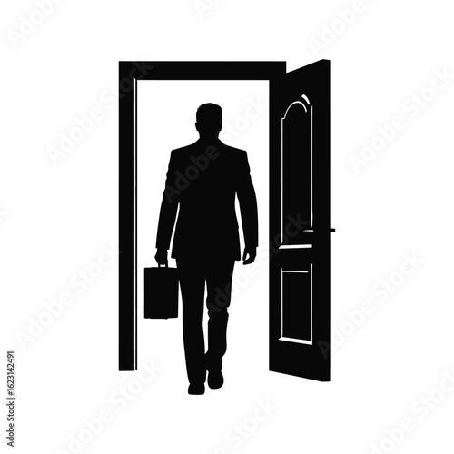 Silhouette of a businessman walking through an open doorway with a briefcase