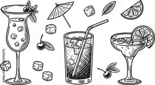 Flat vector drink is sitting in glass with ice, citrus slices, garnishes on transparent background. a detailed vintage-style vector illustration of assorted cocktail and drink glasses.