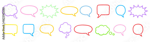 Collection of colorful speech bubbles and thought balloons in various shapes