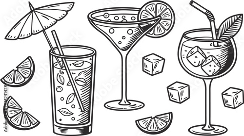 Flat vector drink is sitting in glass with ice, citrus slices, garnishes on transparent background. a detailed vintage-style vector illustration of assorted cocktail and drink glasses.