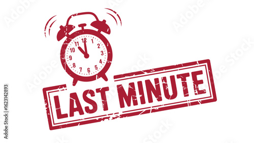 Red alarm clock ringing above a red last minute stamp on white background